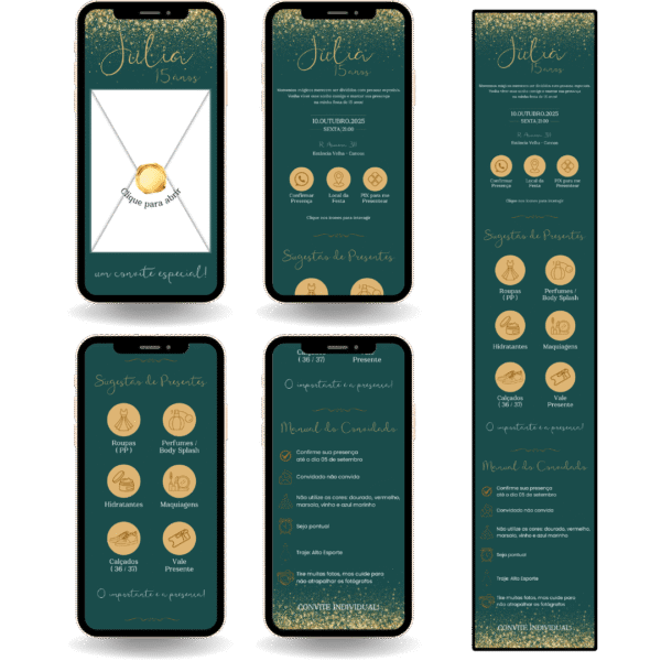 Convite Interativo Premium Verde e Dourado