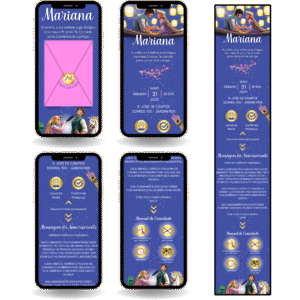 Convite Interativo Premium Enrolados / Rapunzel Azul, Rosa e Dourado