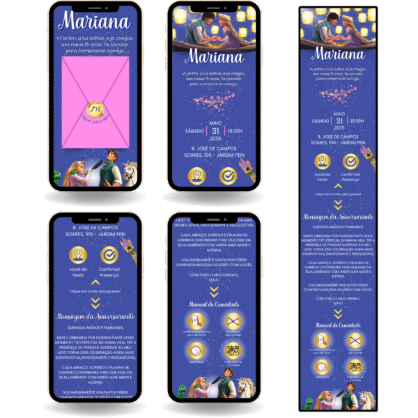 Convite Interativo Premium Enrolados / Rapunzel Azul, Rosa e Dourado