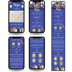 Convite Interativo Premium Enrolados / Rapunzel Azul e Dourado