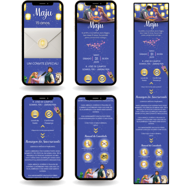 Convite Interativo Premium Enrolados / Rapunzel Azul e Dourado