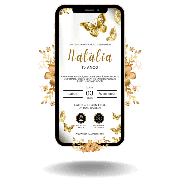 Convite Interativo Basic Borboleta Dourado e Prata
