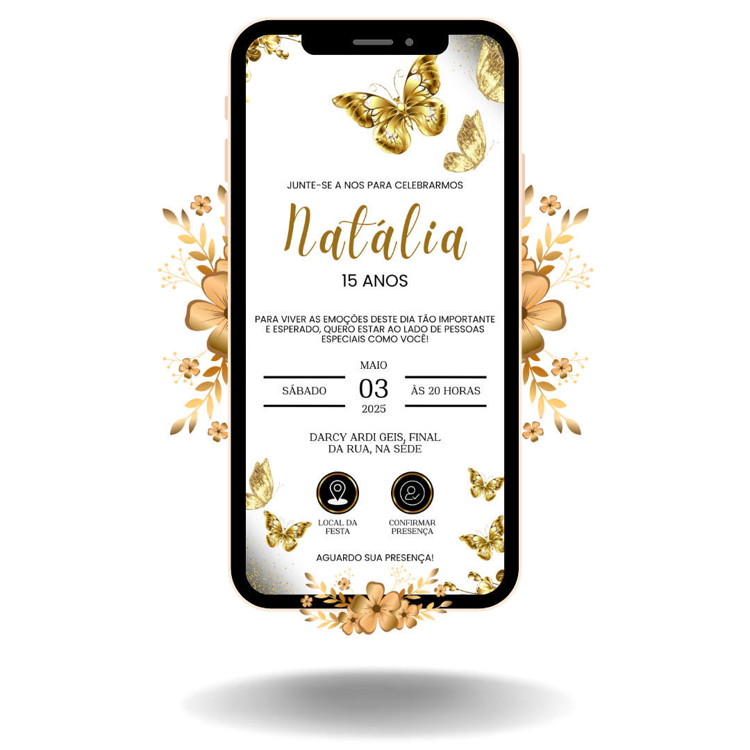 Convite Interativo Basic Borboleta Dourado e Prata