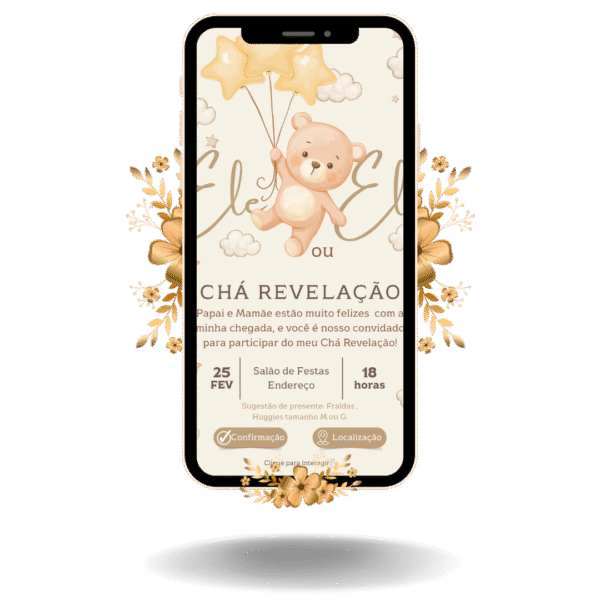 Convite Interativo Basic Chá Revelação Urso