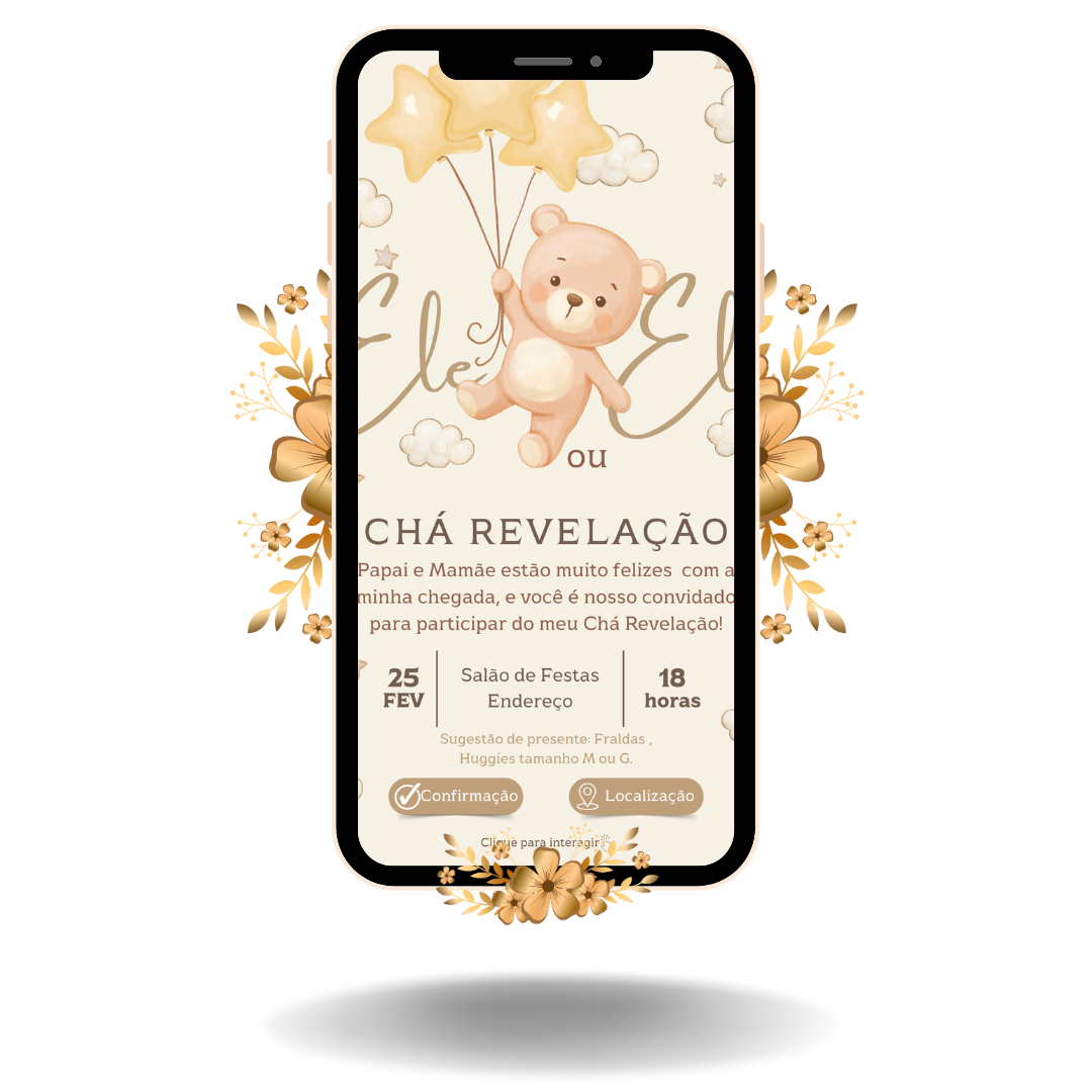 Convite Interativo Basic Chá Revelação Urso