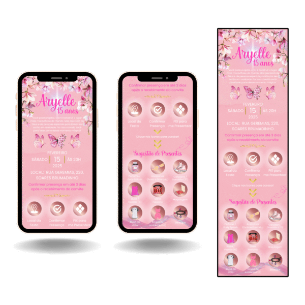 Convite Interativo Pro Borboleta Rosa e Rose Gold