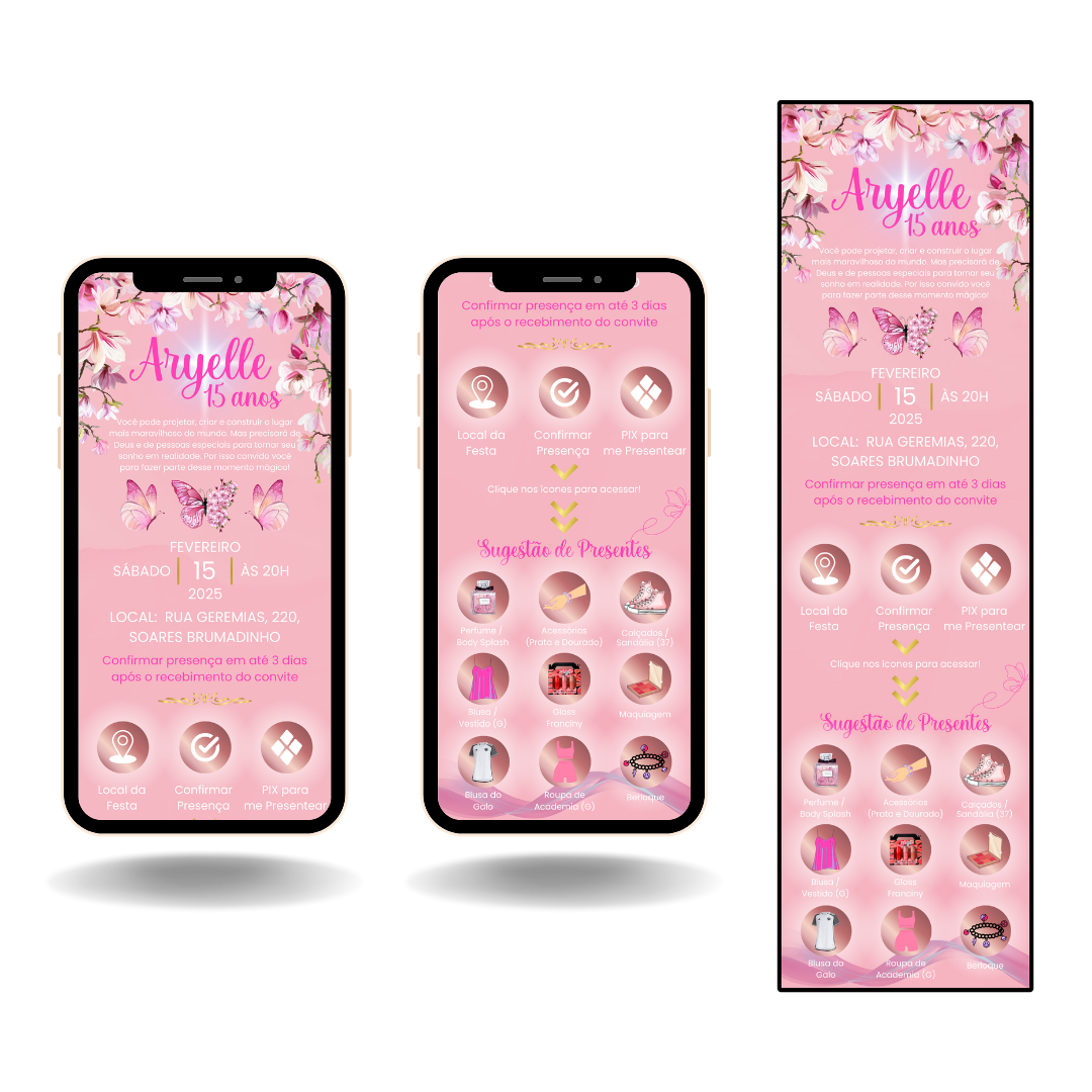 Convite Interativo Pro Borboleta Rosa e Rose Gold