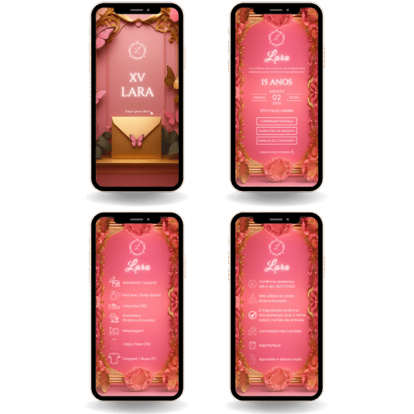 Convite Interativo Premium - Rosa e Dourado (Sug. de Presente e Manual Separados)