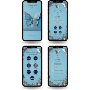 Convite Interativo Premium - Borboleta Azul e Prata (Sug. de Presente e Manual Separados)