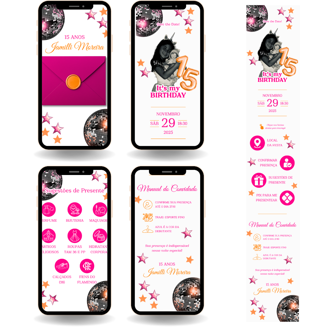 Convite Interativo Premium - Discoteca Rosa e Laranja