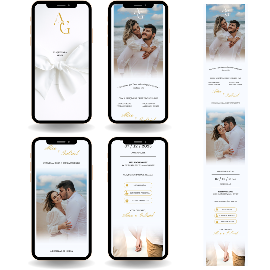 Convite Interativo Premium Casamento - Branco e Dourado