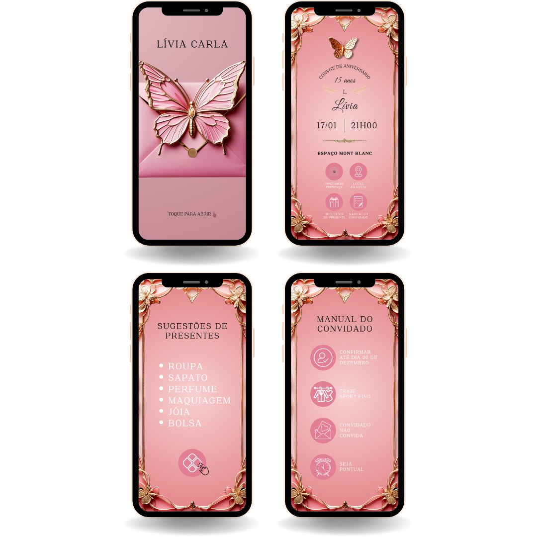 Convite Interativo Premium - Borboleta Rosa com Dourado
