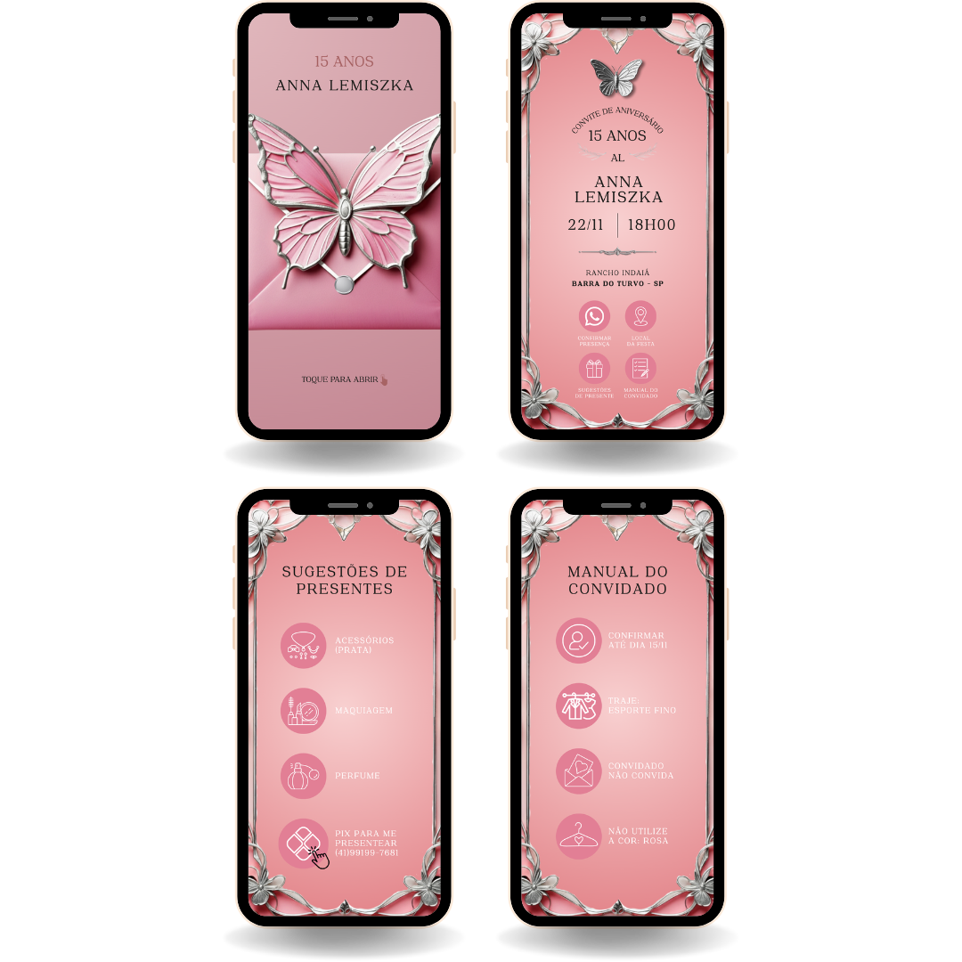Convite Interativo Premium - Borboleta Rosa com Prata