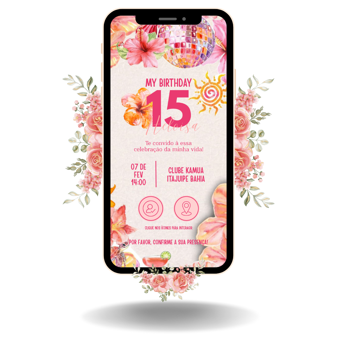 Convite Interativo Basic - Tropical Rosa e Laranja