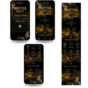 Convite Interativo Premium - Preto e Dourado Night Pool Party