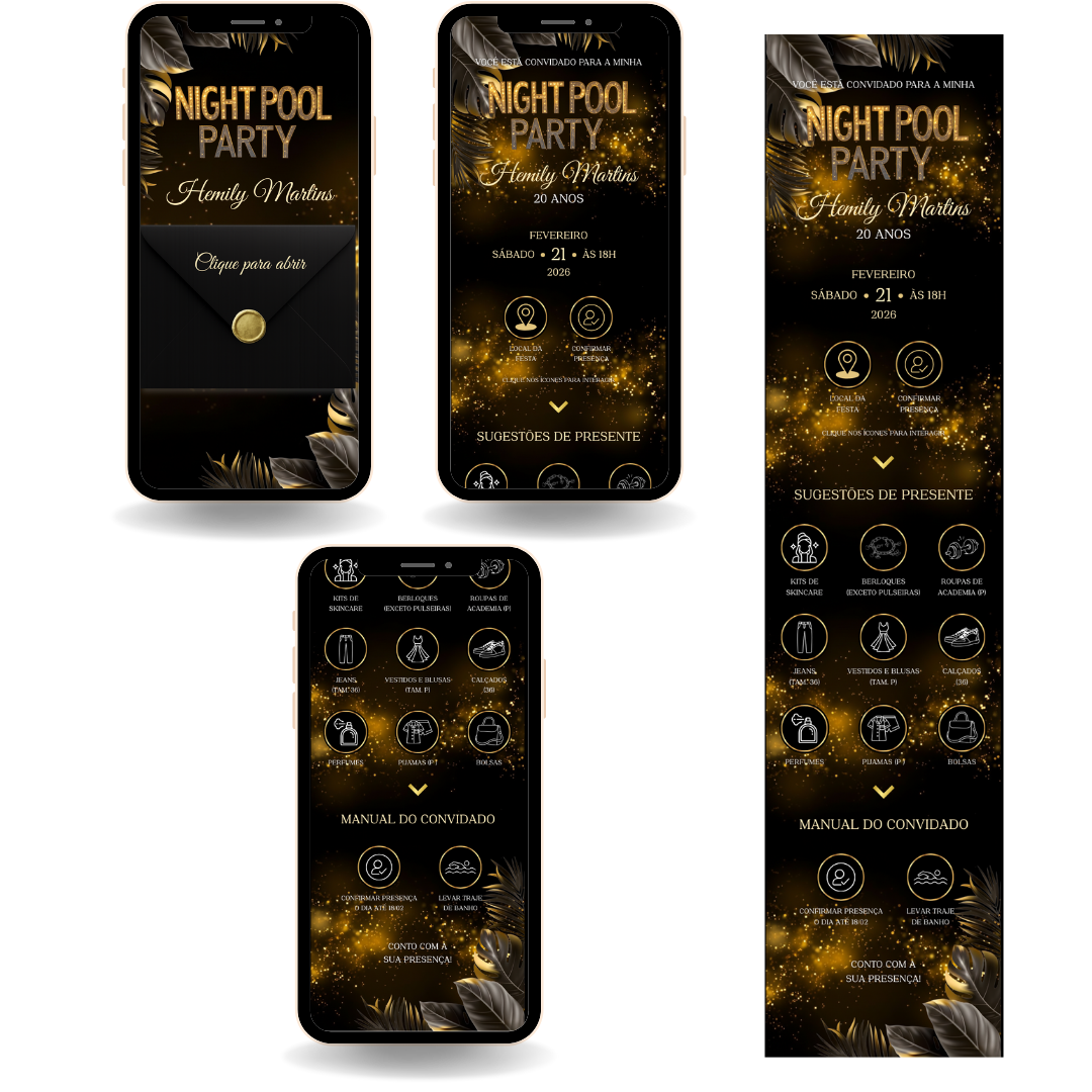 Convite Interativo Premium - Preto e Dourado Night Pool Party
