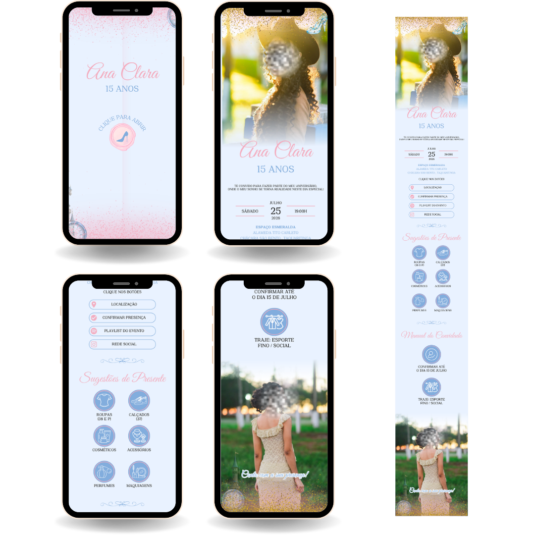 Convite Interativo Premium - Cinderela Azul e Rosa com Foto