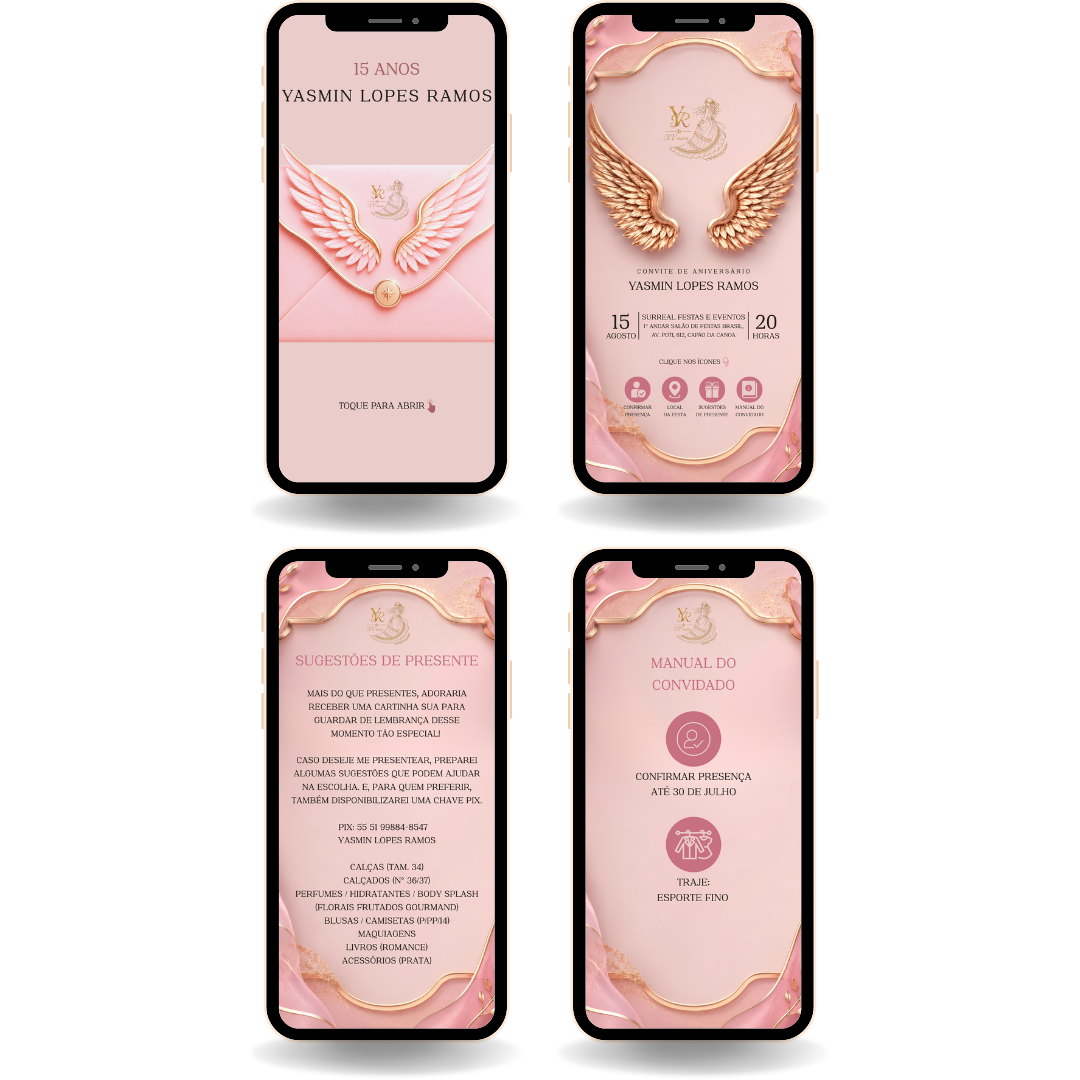 Convite Interativo Premium - Asas Rosa Claro