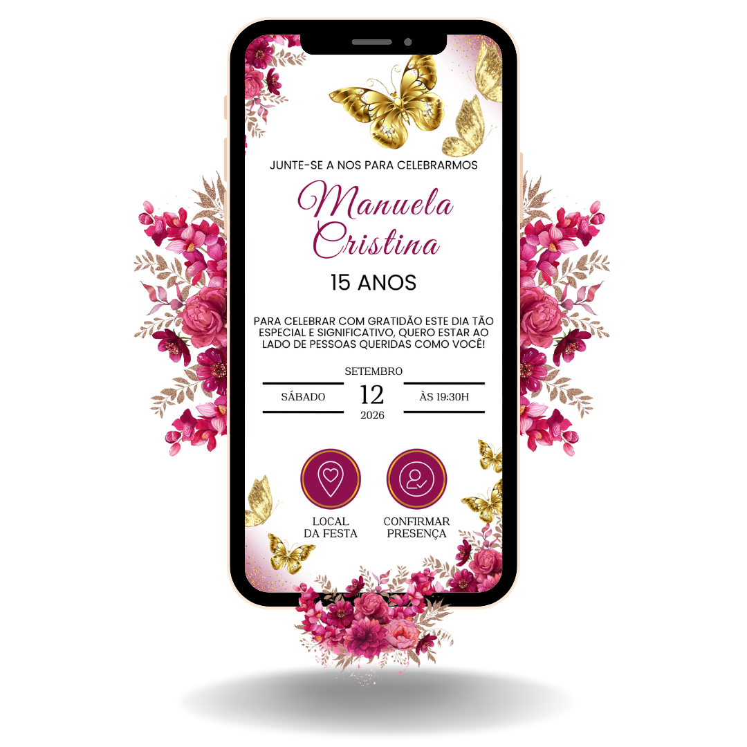 Convite Interativo Basic - Borboletas Rosa e Dourado